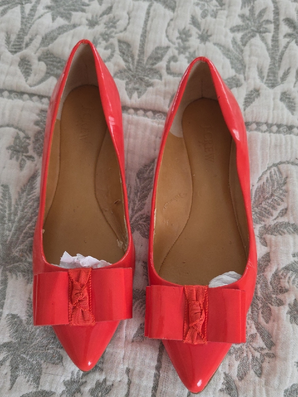 J. Crew Orange/Red Patent Pointed-Toe Bow Flats